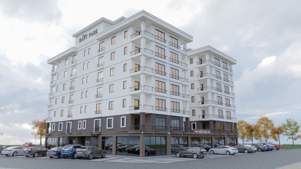 Ravi Park A ve B blok köşe görünümü, beyaz cephe ve koyu tuğla zemin katlar