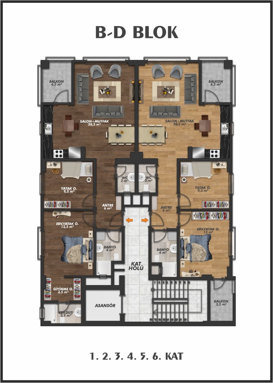 Ravi Park B ve D blok 1-6. kat tipik kat planı