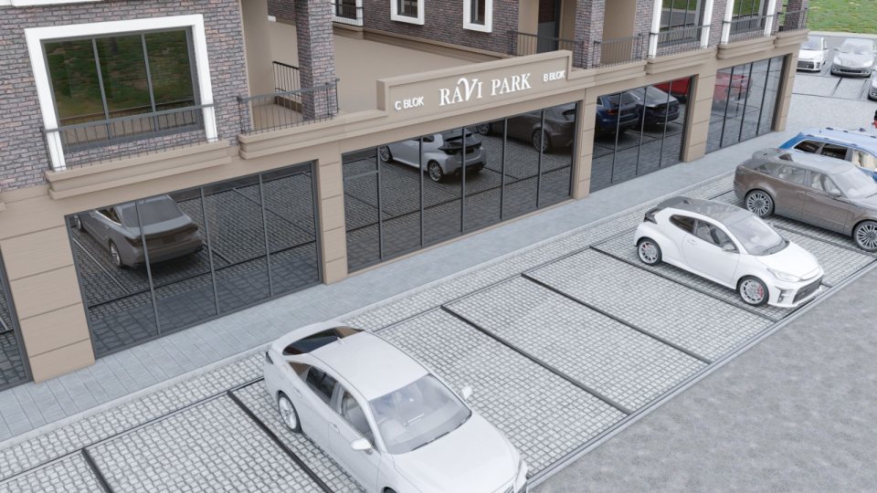 Ravi Park zemin kat ticari alanları ve önündeki açık otopark